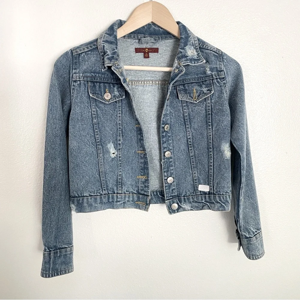 7 For All Mankind Wythe Girls Button Front Distressed Crop Denim Jean Jacket Y2K